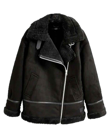 Mens Black Faux Suede Longline Aviator Jacket