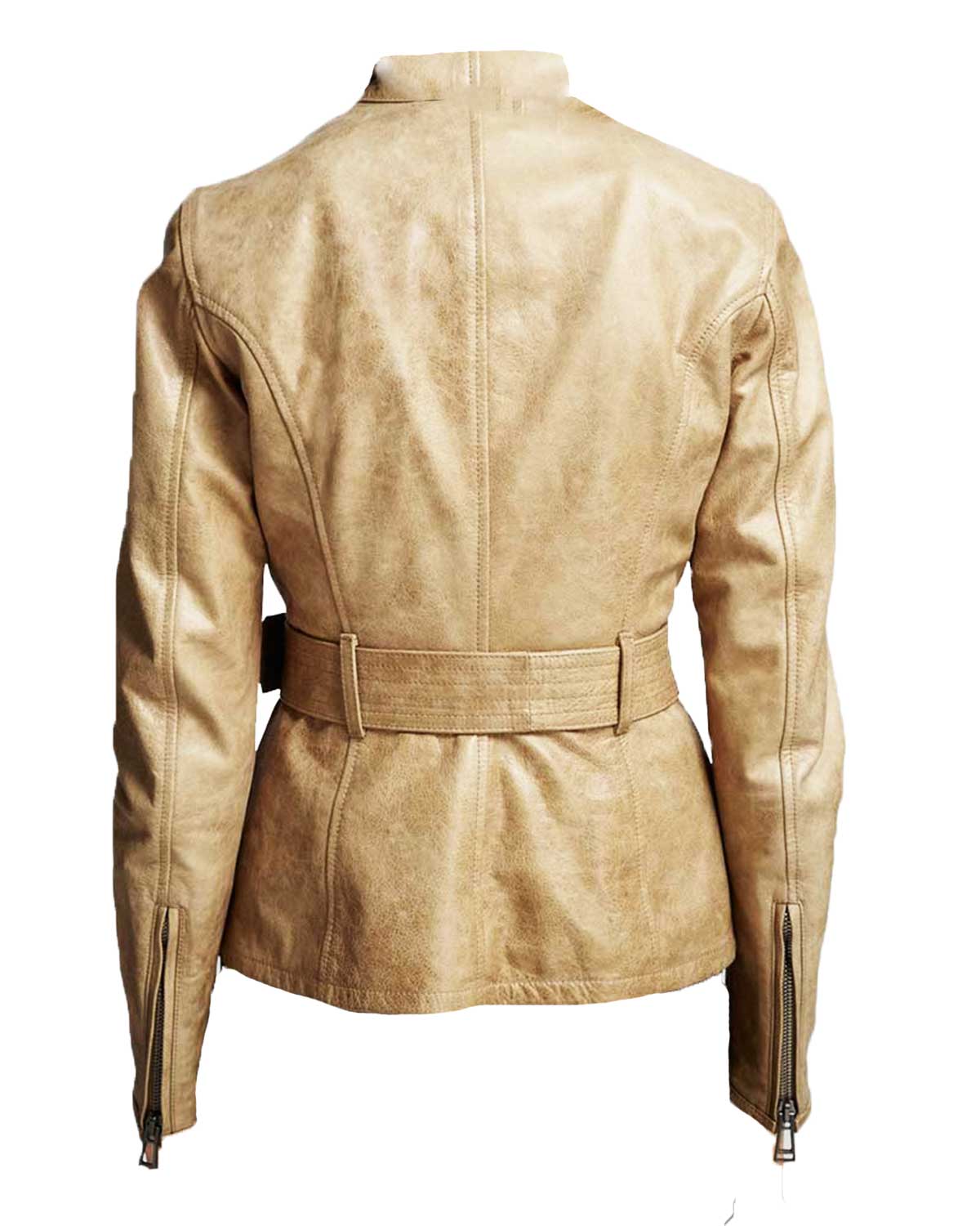 Womens  Biker Belted Waxed Leather Jacket