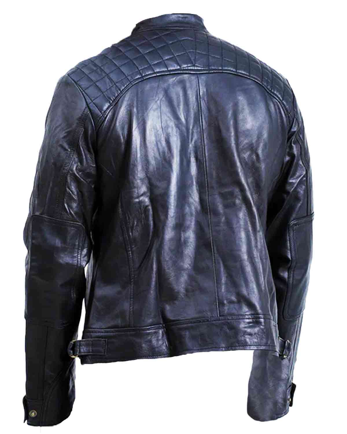 Mens Quilted Cafe Racer Biker Leather Jacket