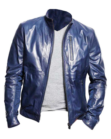 Mens  Zipper Pocket Style Casual Navy Blue Leather Jacket