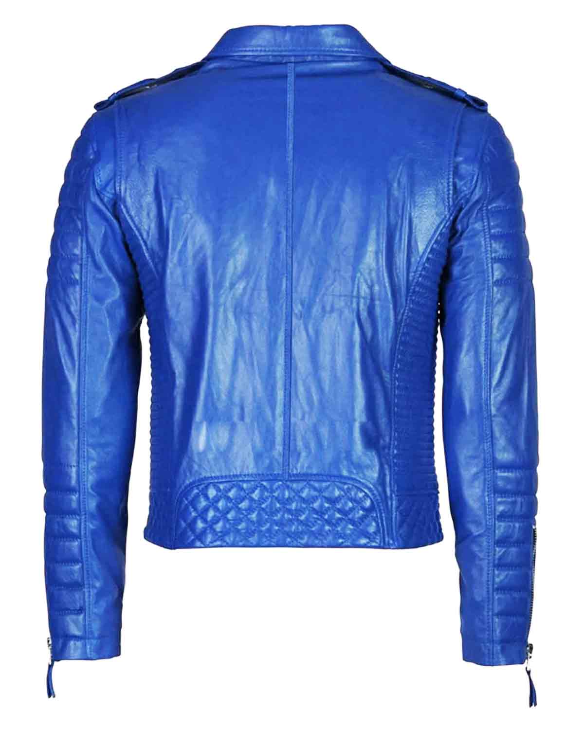 Mens Quilted Biker Blue Leather Jacket