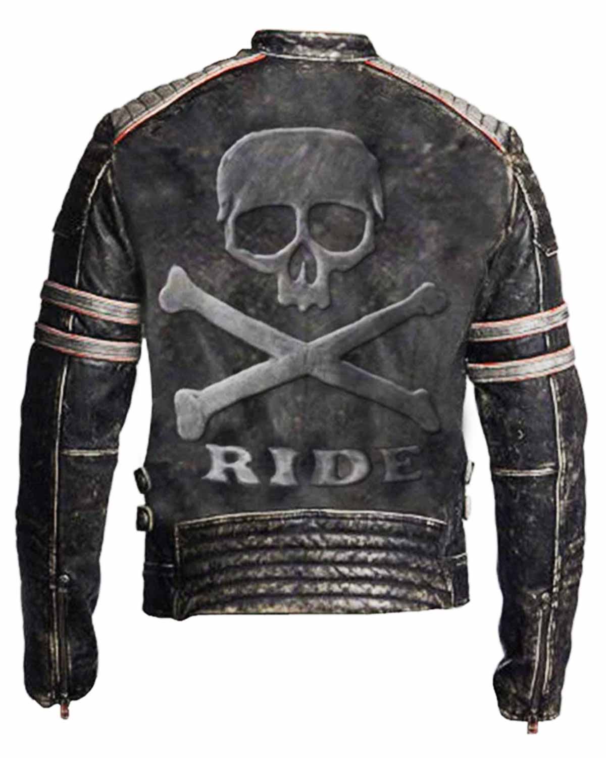 Mens Biker Vintage Distressed Jacket Skull Embossed Logo at back