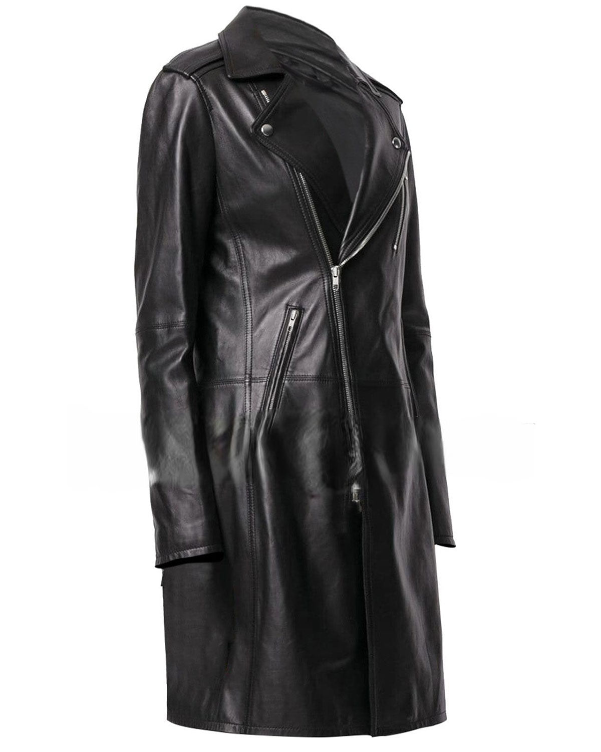 Womens  Slim Fit Black Leather Long Coat