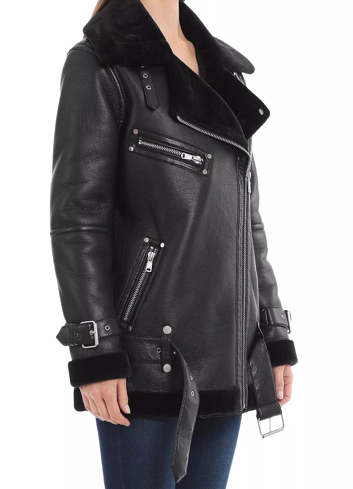 Womens hine Black Shearling Leather Jacket