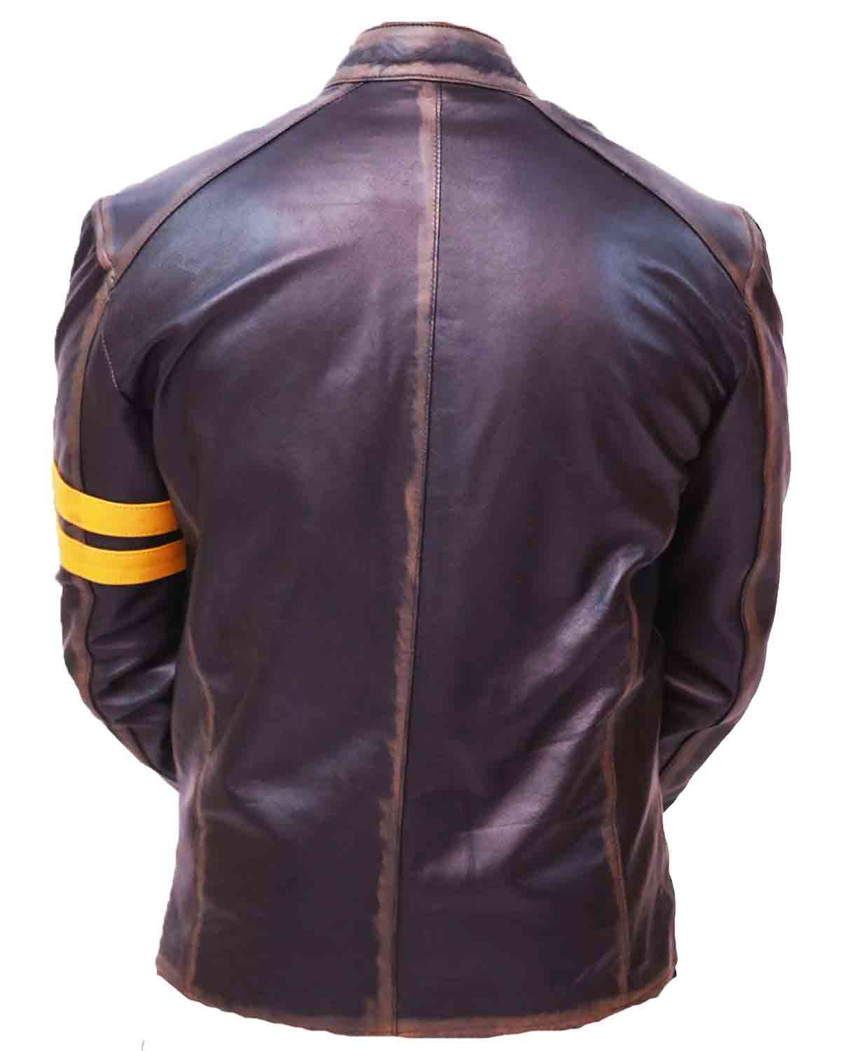 Mens Black Cafe Racer Leather Jacket With Yellow Strip