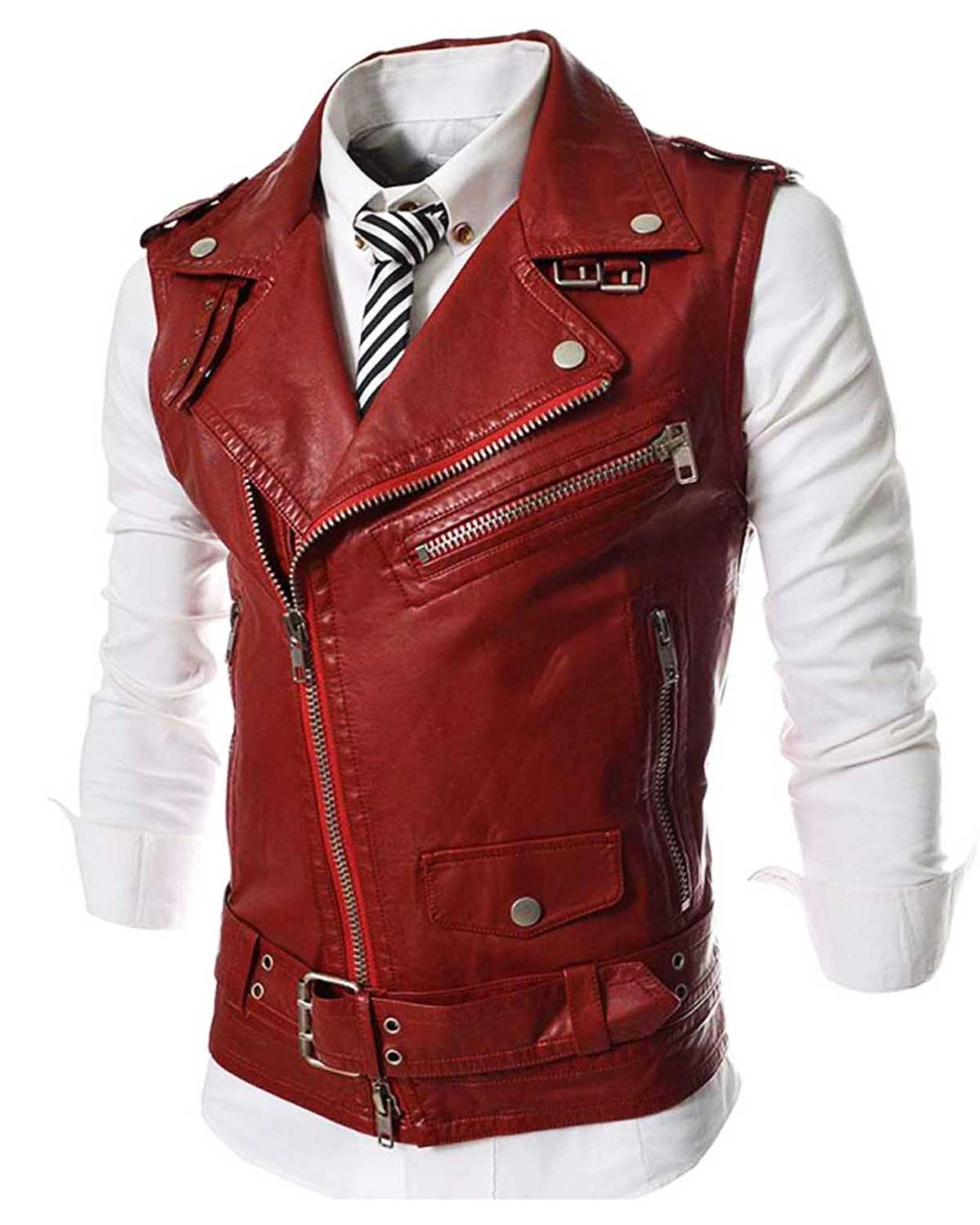 Mens  Asymmetrical Slim Fit Motorcycle Red Leather Vest