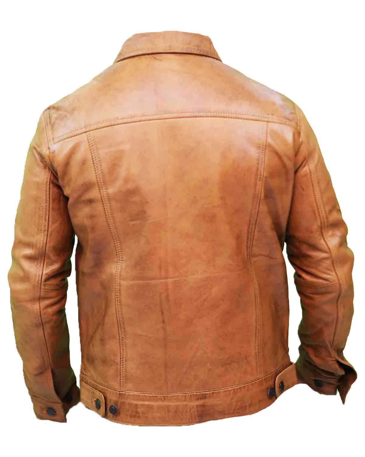 Mens Camel Brown Trucker Leather Jacket