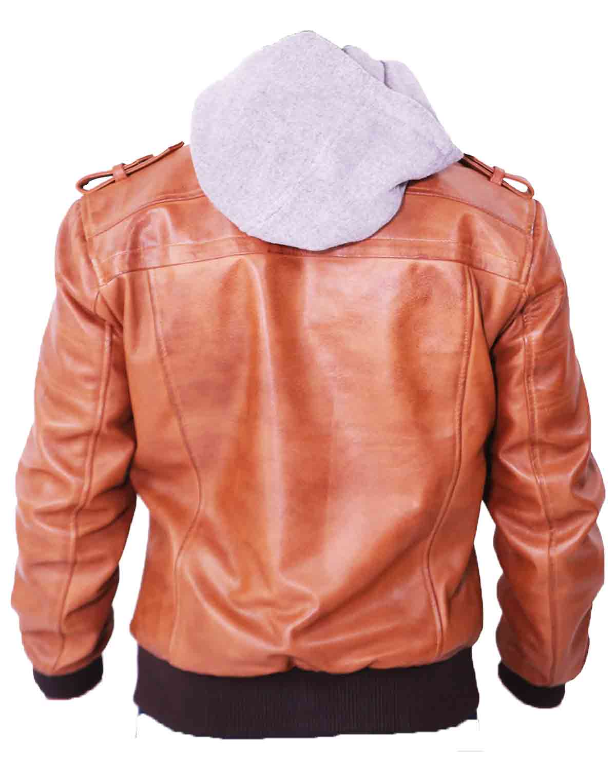 Mens Grey Removable Hood Brown Leather Jacket