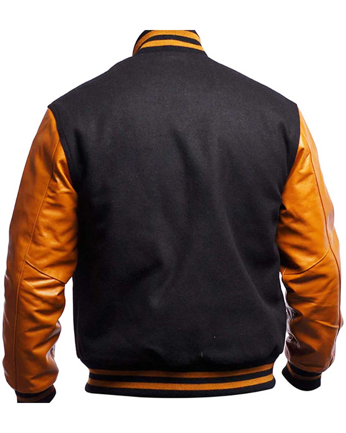 Mens Varsity Black and Gold Bomber Baseball Letterman Leather Jacket