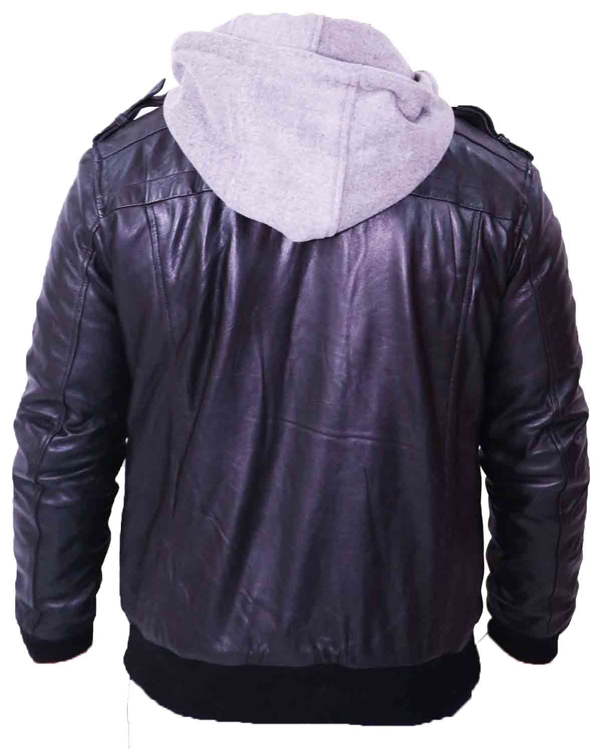 Mens Grey Removable Hood Black Leather Jacket