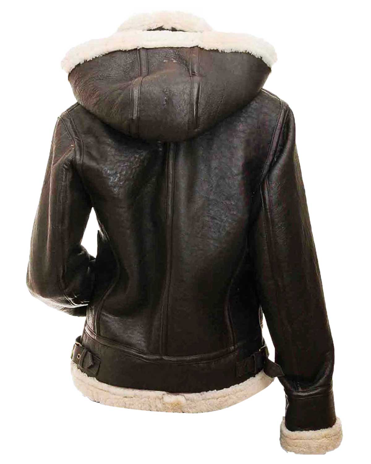 Womens  Shearling Brown Leather Bomber Jacket with Hood
