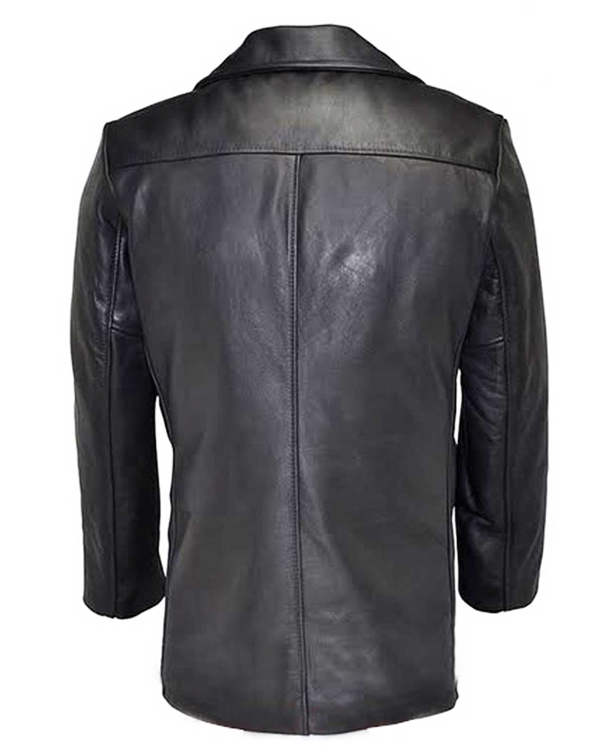 Mens  Naval Double Breasted Black Leather Coat