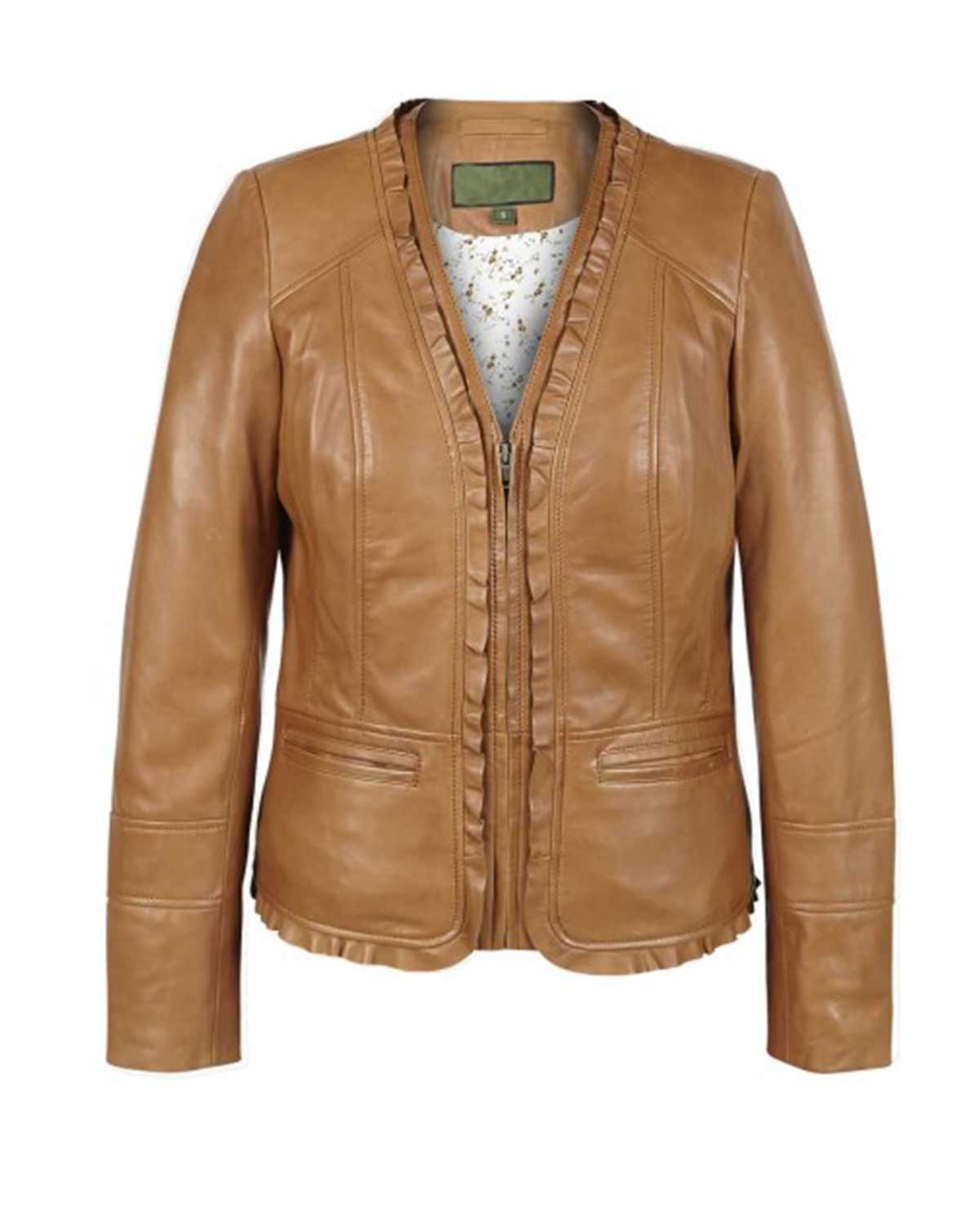 Womens  Motorcycle Gear V Neck Casual Tan Leather Biker Jacket