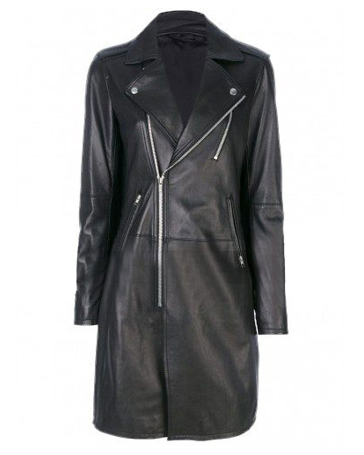 Womens  Slim Fit Black Leather Long Coat