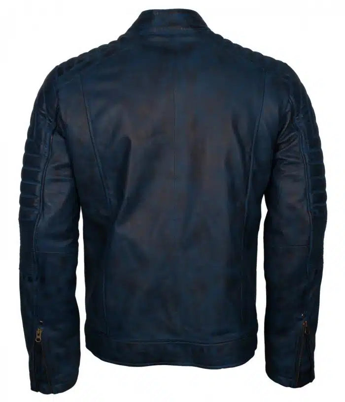 Blue Mens  Vintage Cafe Racer Genuine Leather Jacket