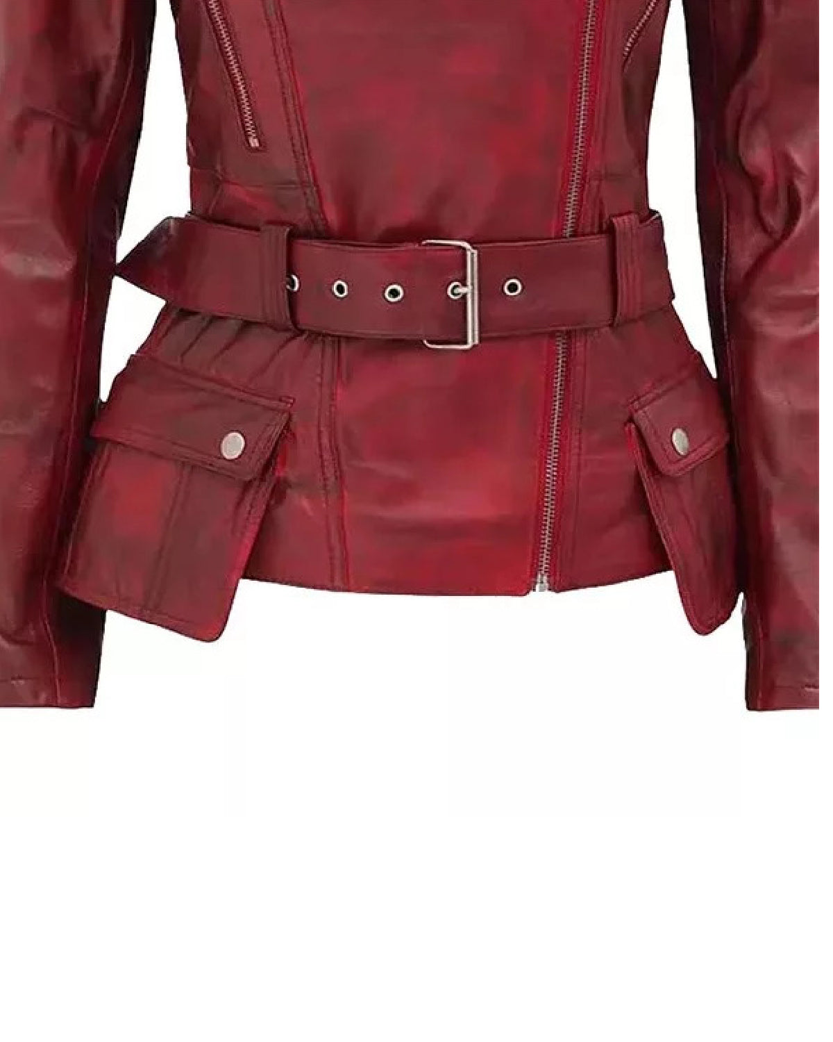Womens  Maroon Belted Moto Leather Jacket