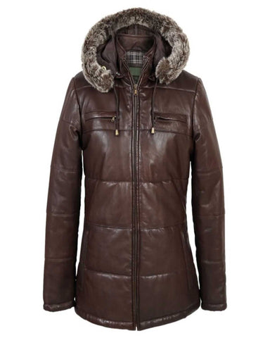 Brown Hooded Womens  Leather Jacket