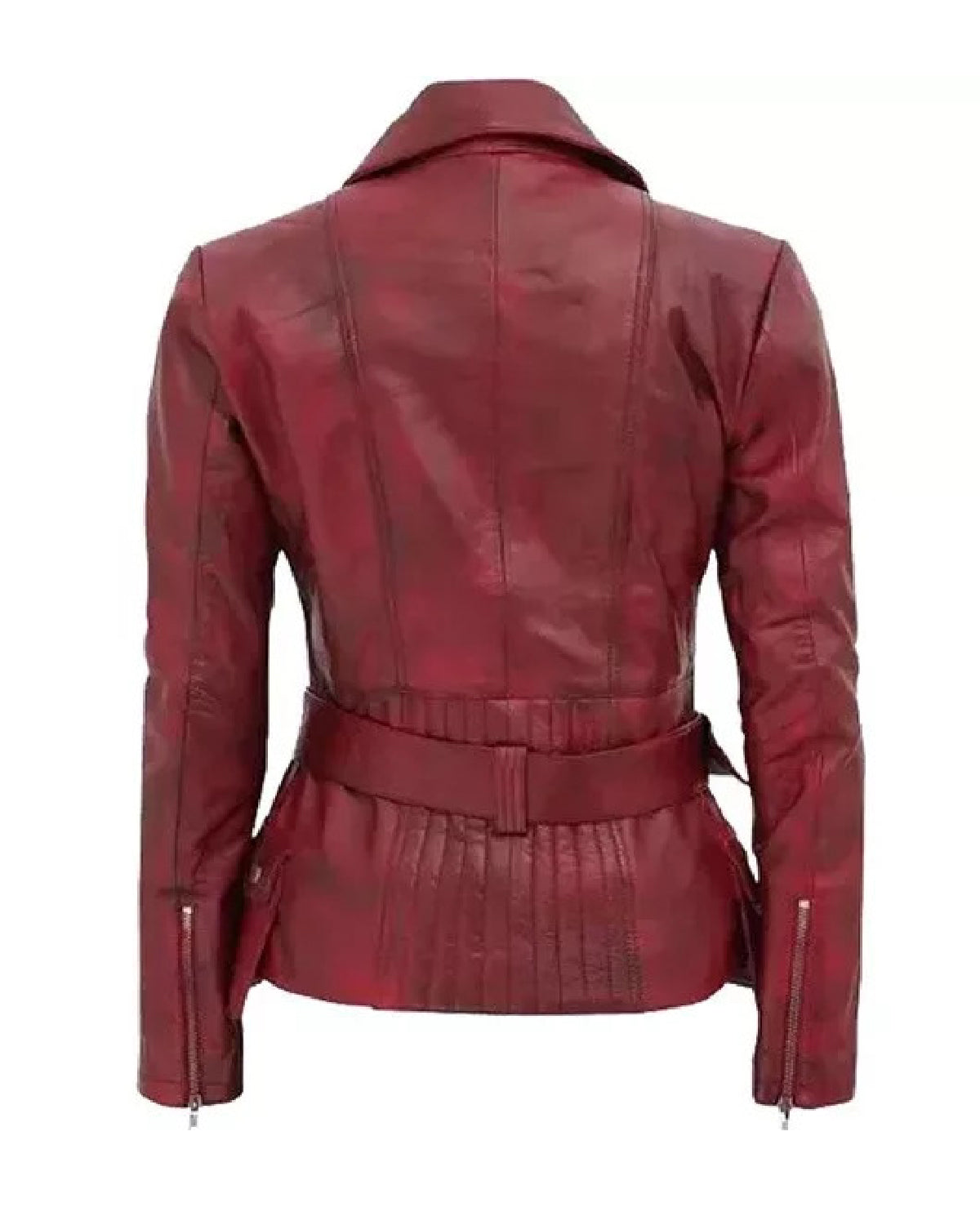 Womens  Maroon Belted Moto Leather Jacket