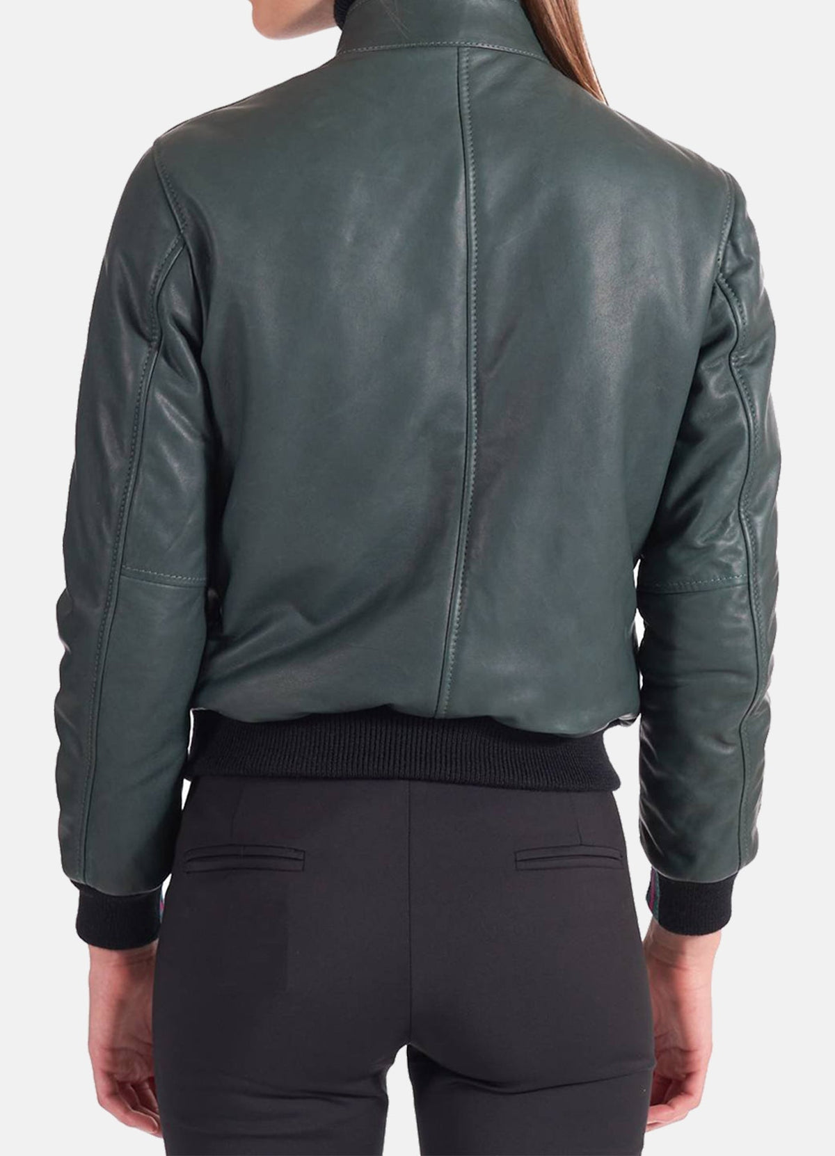 Womens limfit Green Leather Bomber Jacket