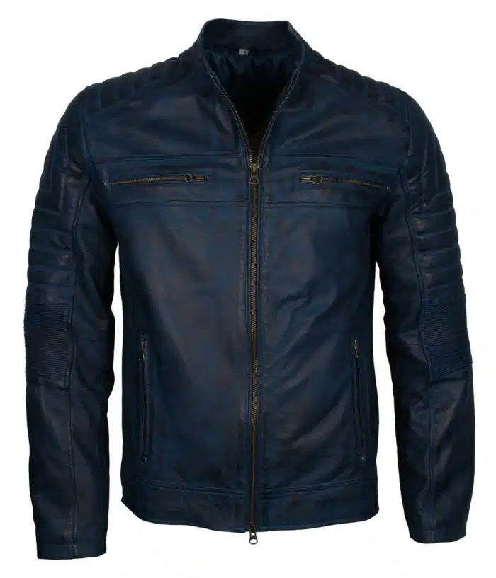 Blue Mens  Vintage Cafe Racer Genuine Leather Jacket