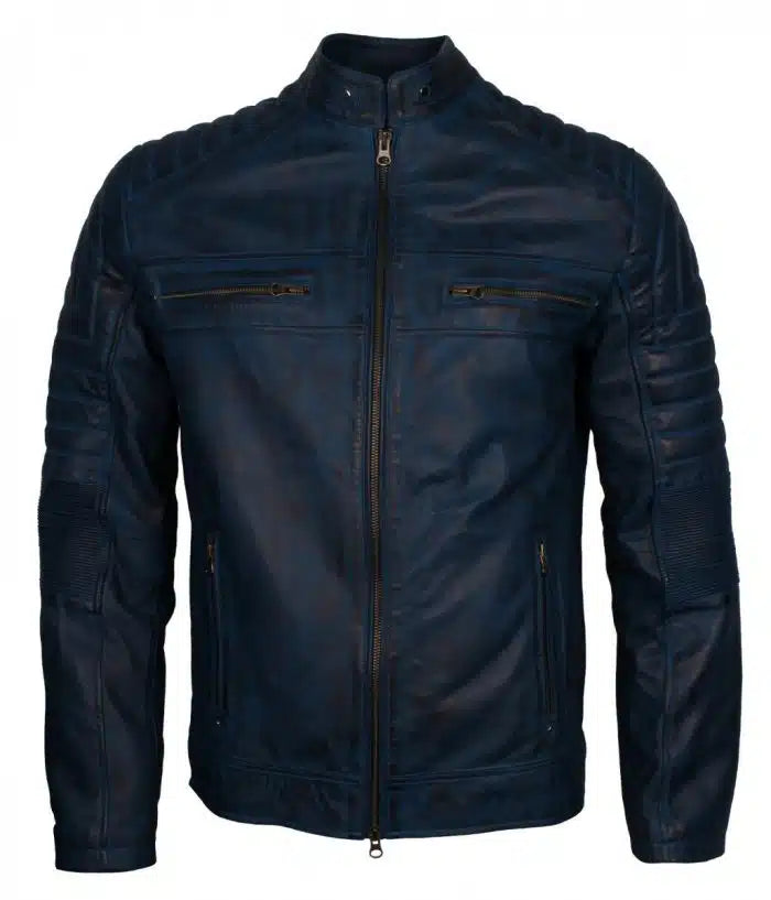Blue Mens  Vintage Cafe Racer Genuine Leather Jacket
