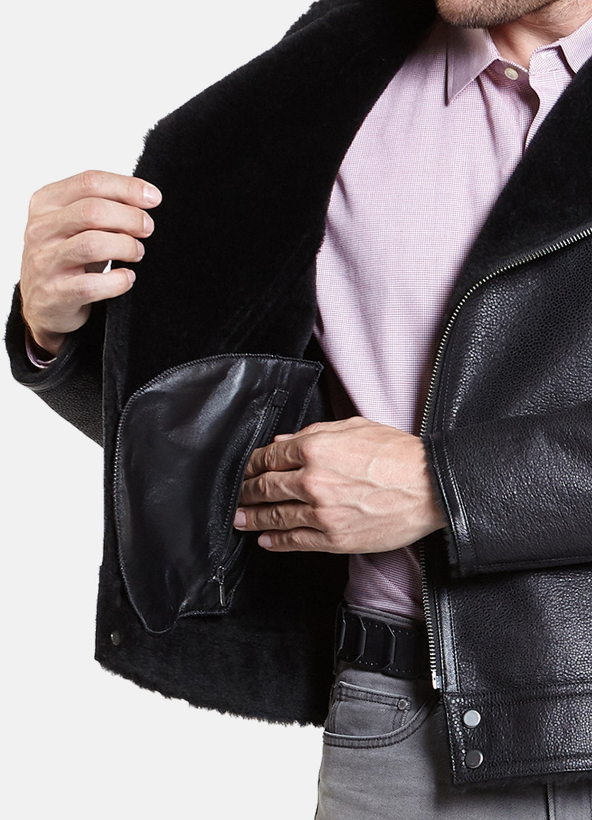 Mens hiny Black Shearling Leather Jacket