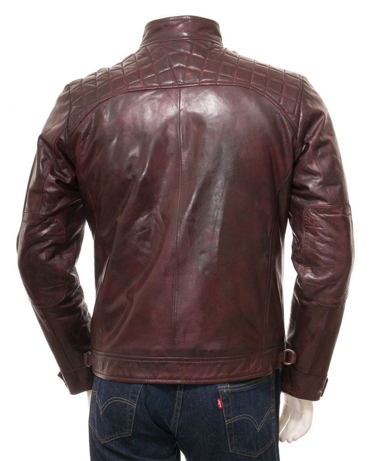 Mens Oxblood Quilted Shoulder Cafe Racer Biker Real Leather Jacket