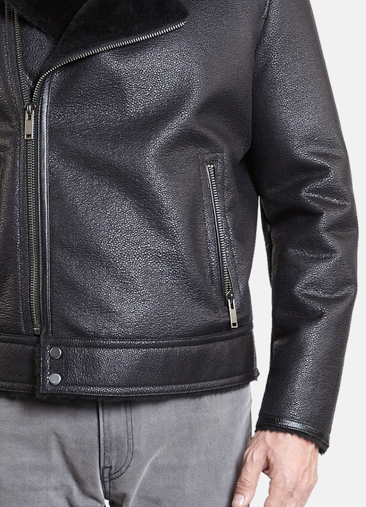 Mens hiny Black Shearling Leather Jacket