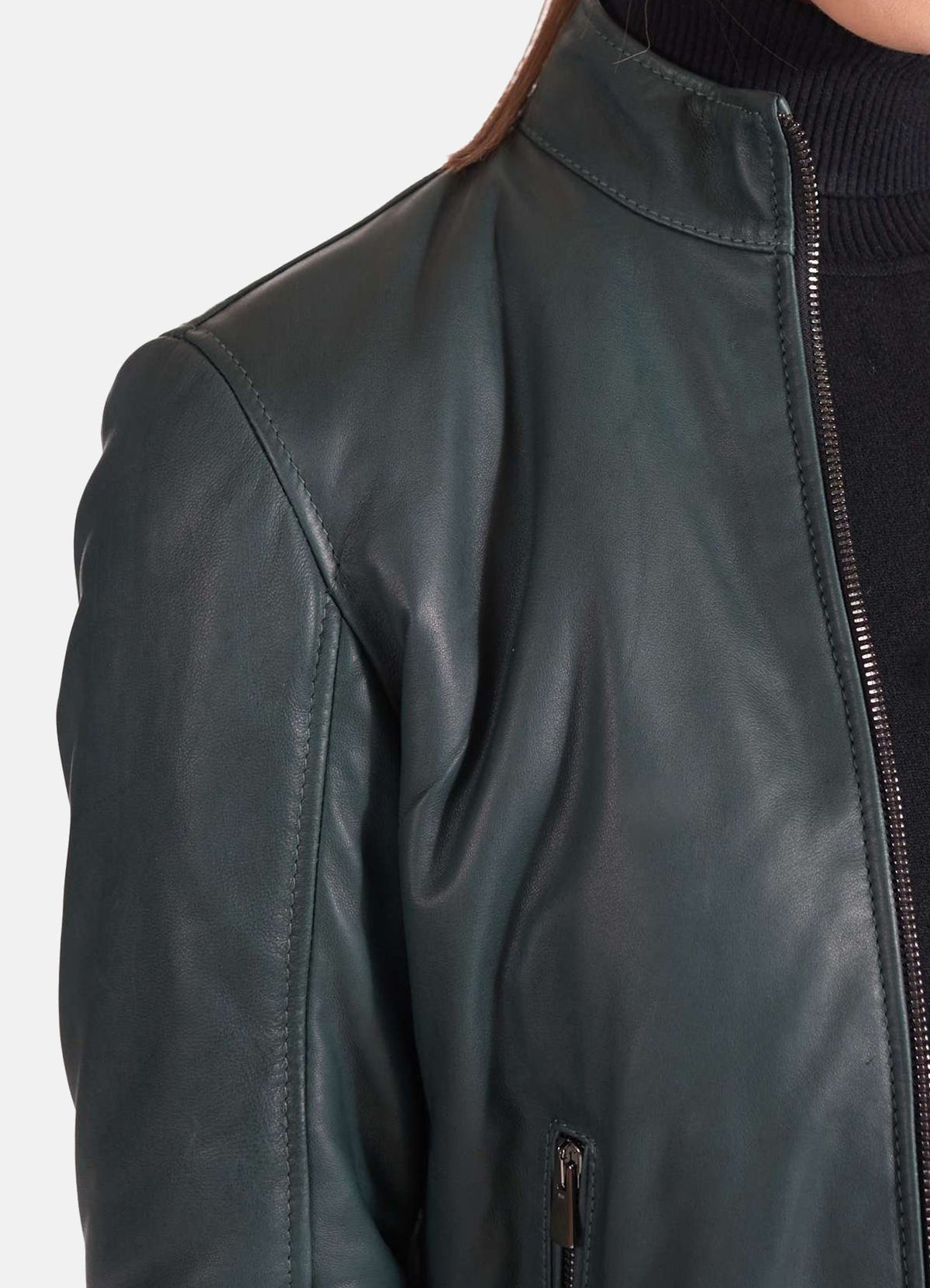 Womens limfit Green Leather Bomber Jacket