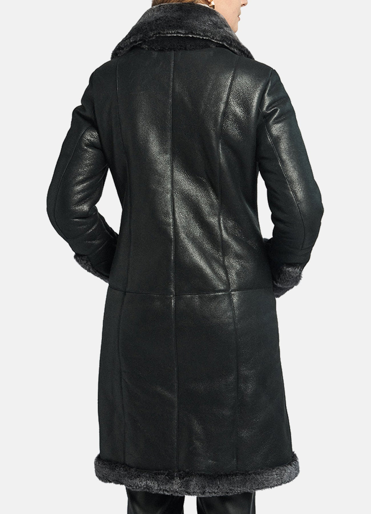 Womens hiny Black Shearling Leather Coat