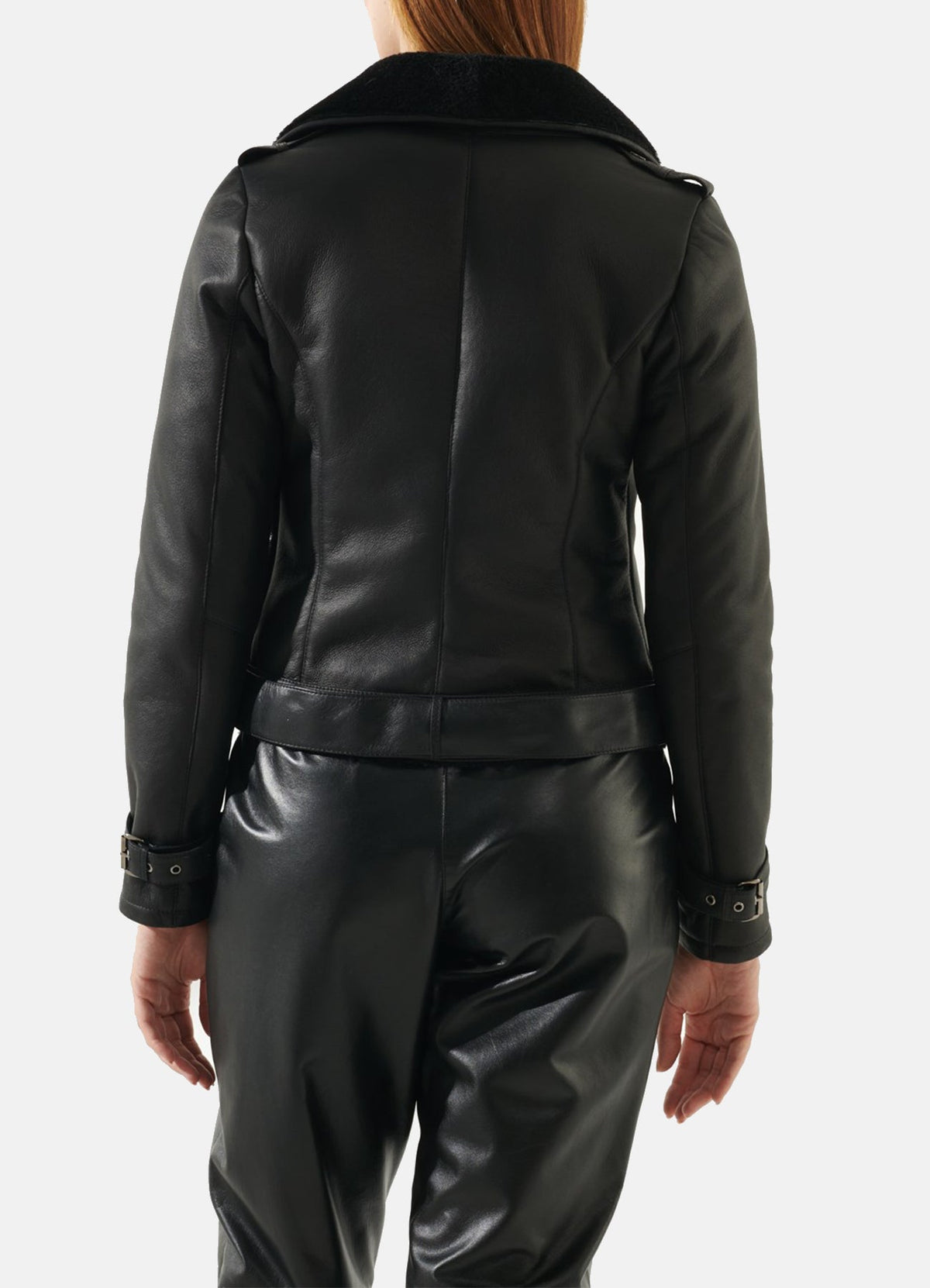 Womens hiny Black Shearling Leather Jacket