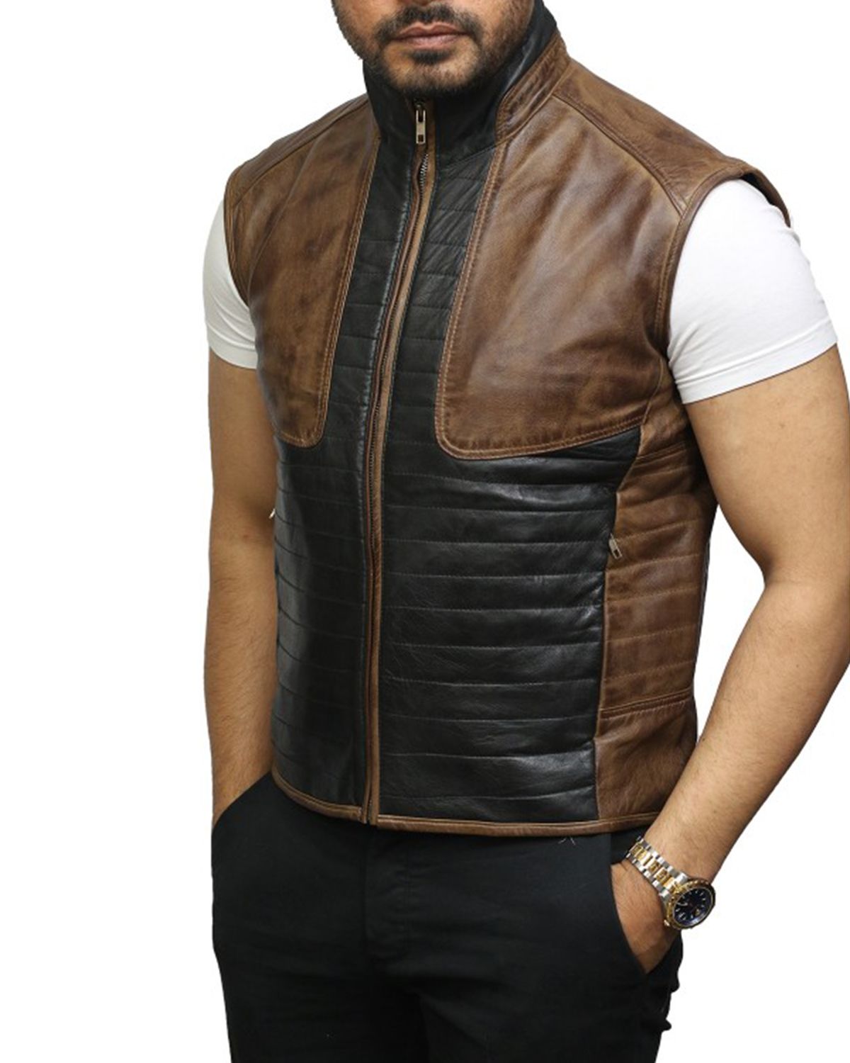 Mens Black and Brown Body Warmer Leather Vest