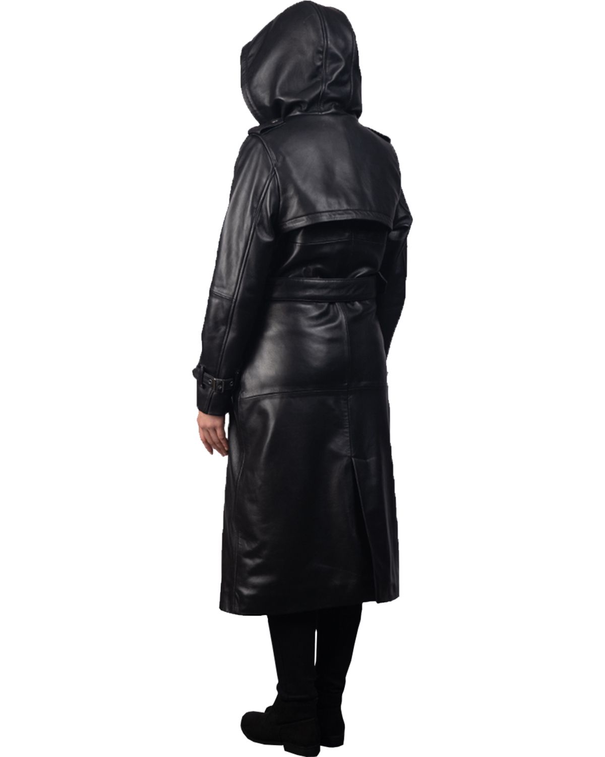 Womens Hooded Real Leather Long Trench Coat