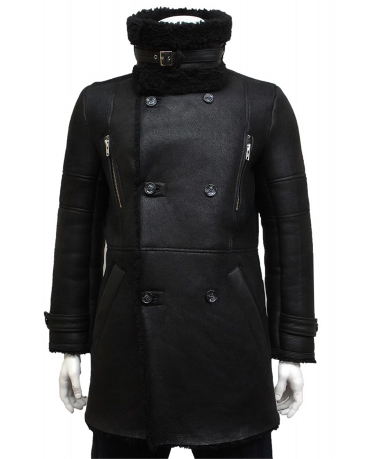 Mens Black Foldable Notched Fur collar Duffle Coat