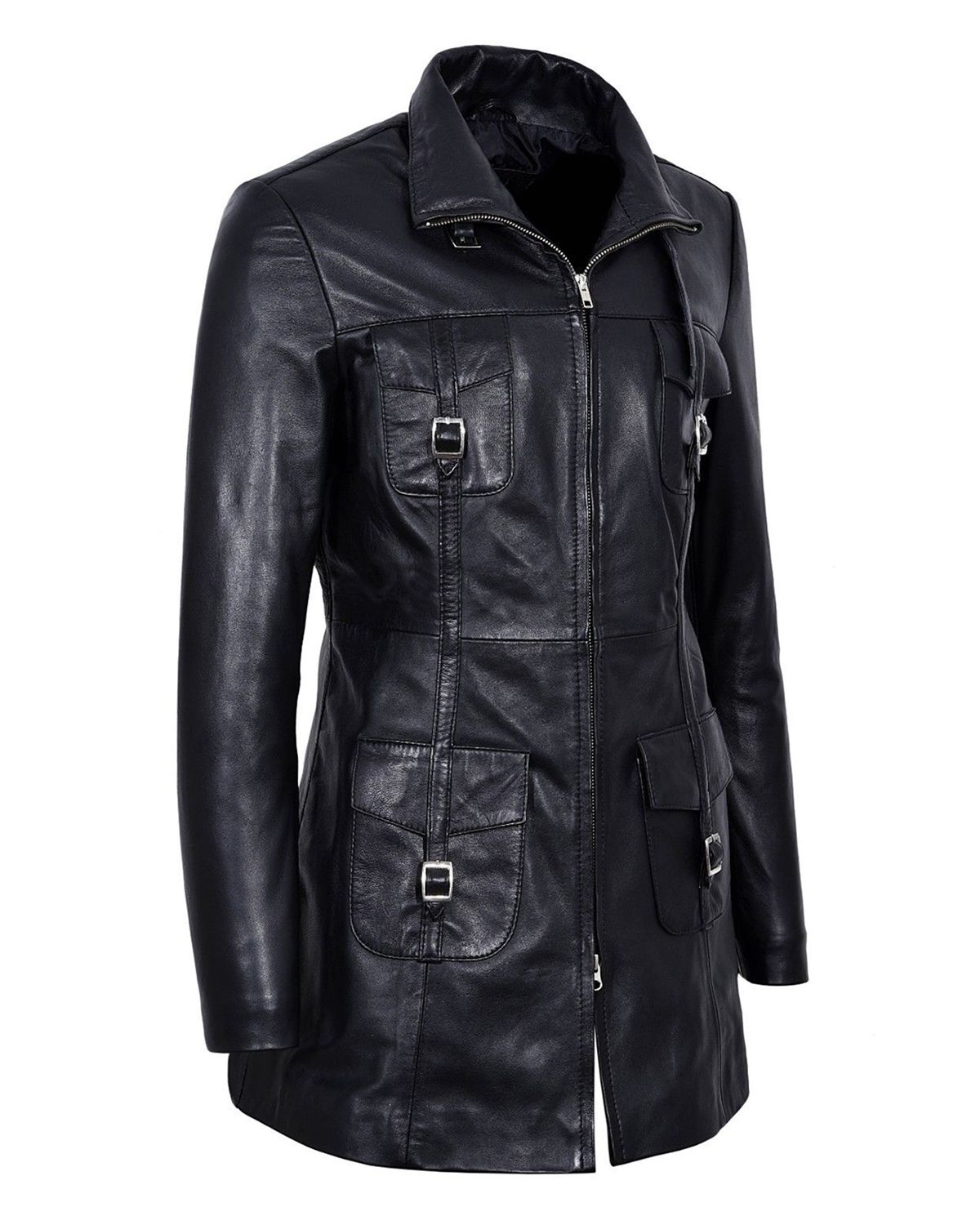 Womens Gothic Style Mid Length Real Sheepskin Leather Coat