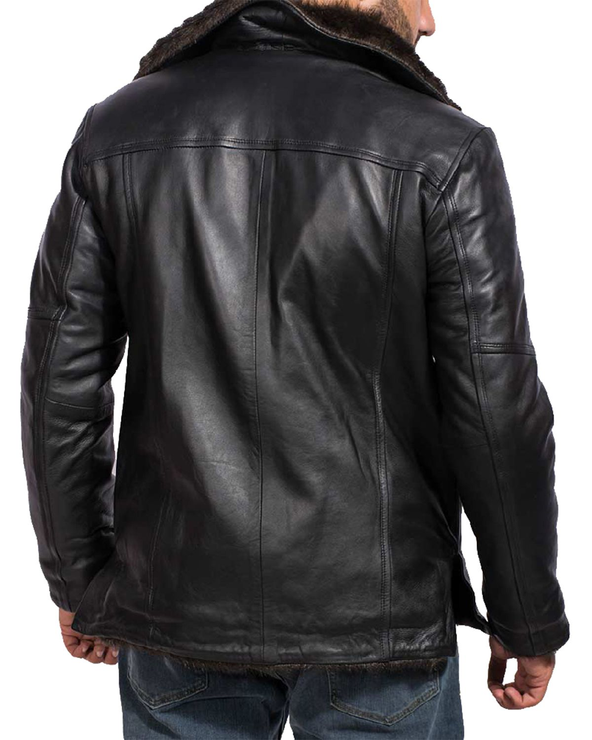 Mens Black Fur Collar Bomber Leather Jacket