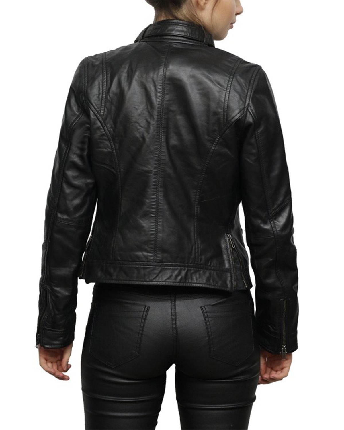 Womens Belted Collar Black Biker Jacket