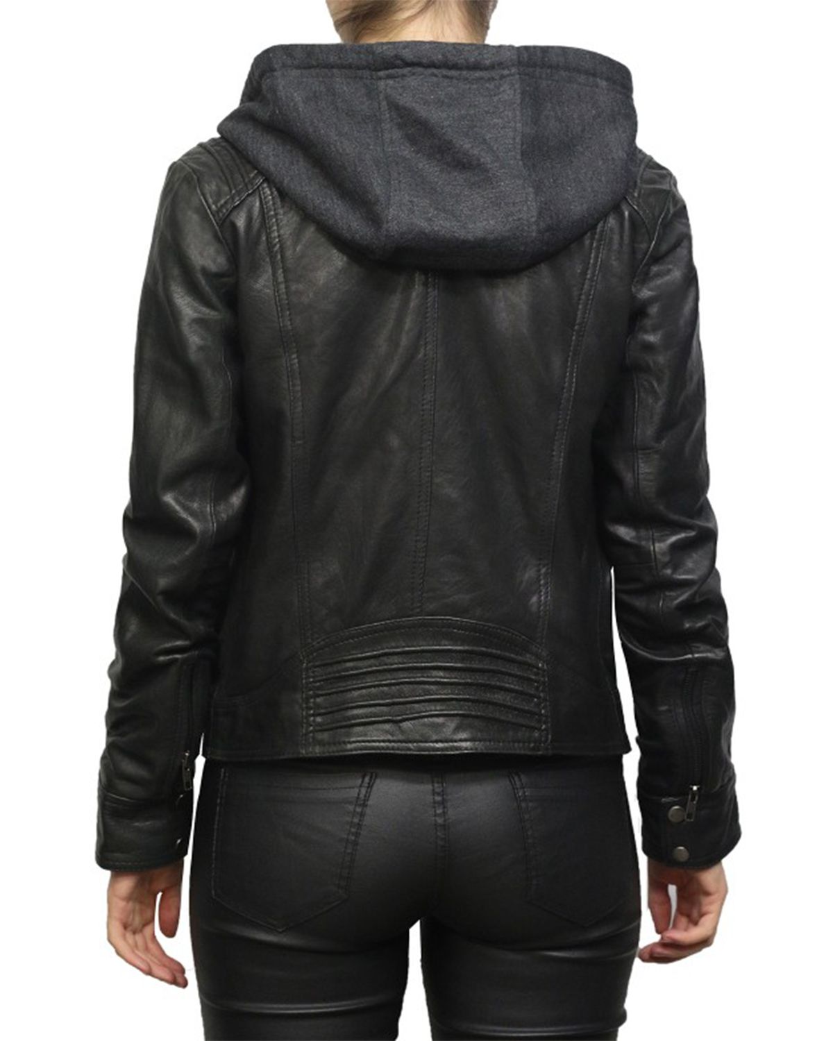 Womens Short Hooded Leather Biker Jacket