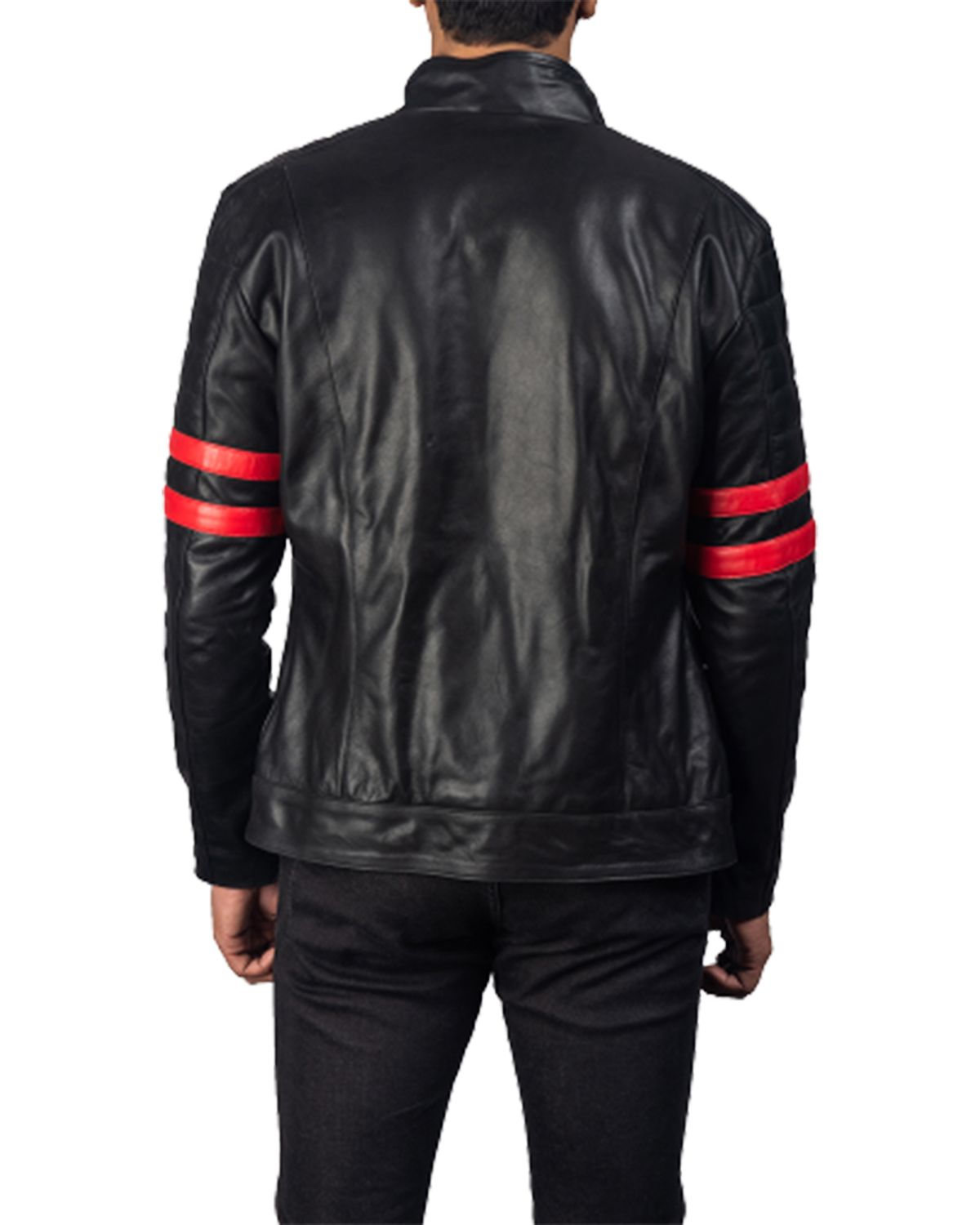 Mens Black Biker With Red Stripes Real Leather Jacket