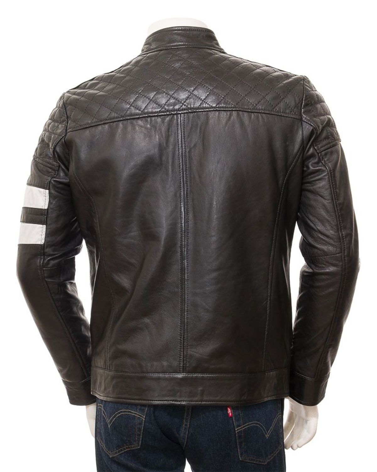 Mens Stand Collar Black Cafe Racer Biker Leather Jacket