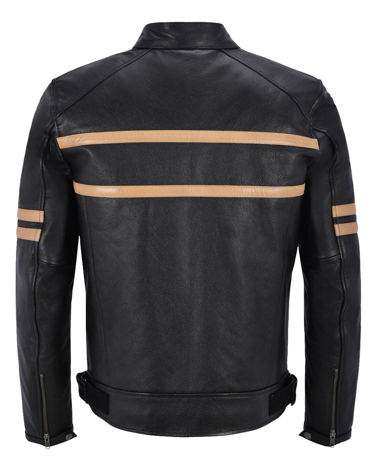 Mens Black With Beige Stripes Biker Motorcycle Leather Jacket