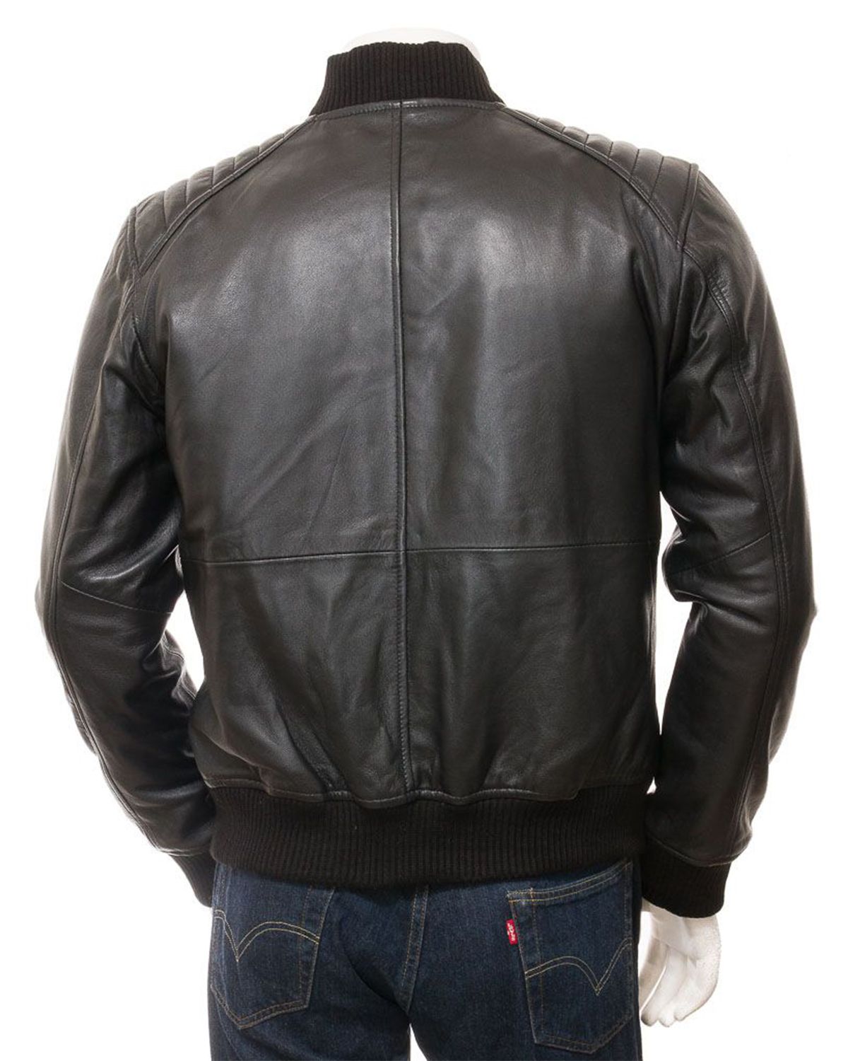 Mens Black Quilted Shoulder Bomber Leather Jacket