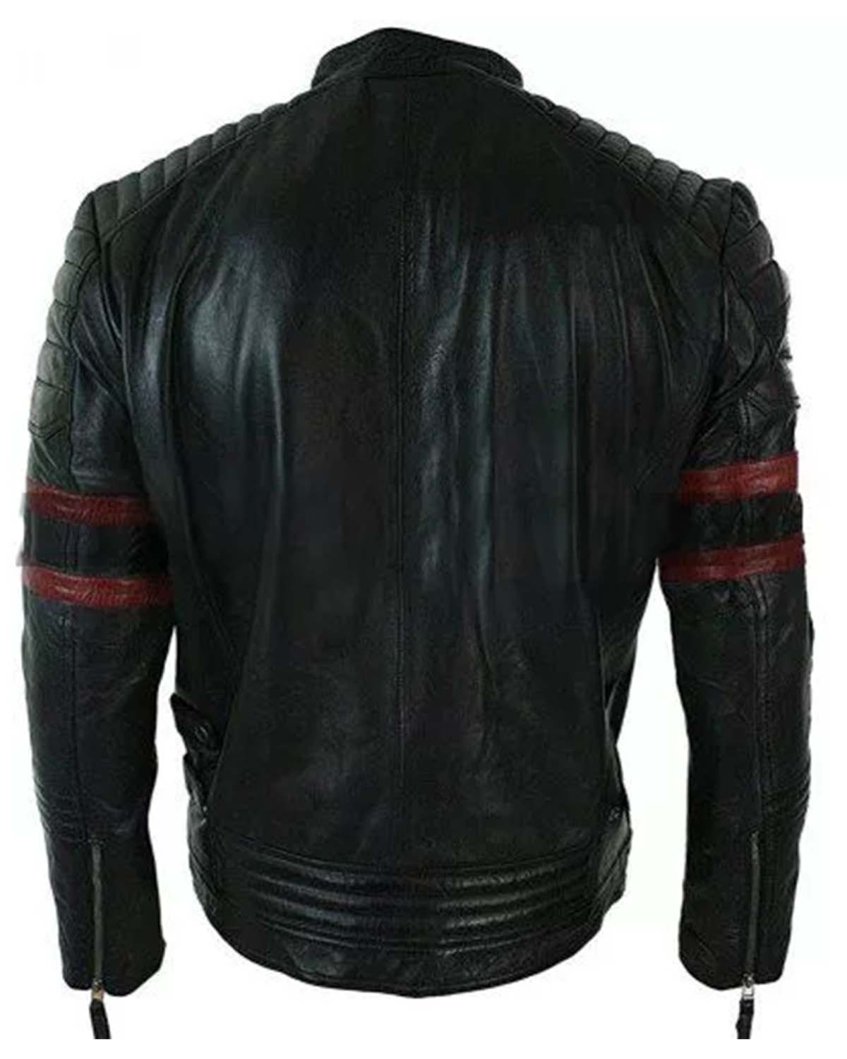 Mens Cafe Racer Retro Biker Red & Black Stripe Motorcycle Leather Jacket
