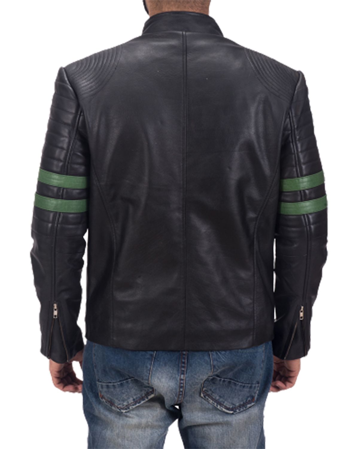 Mens Black Biker With Green Stripes Leather Jacket
