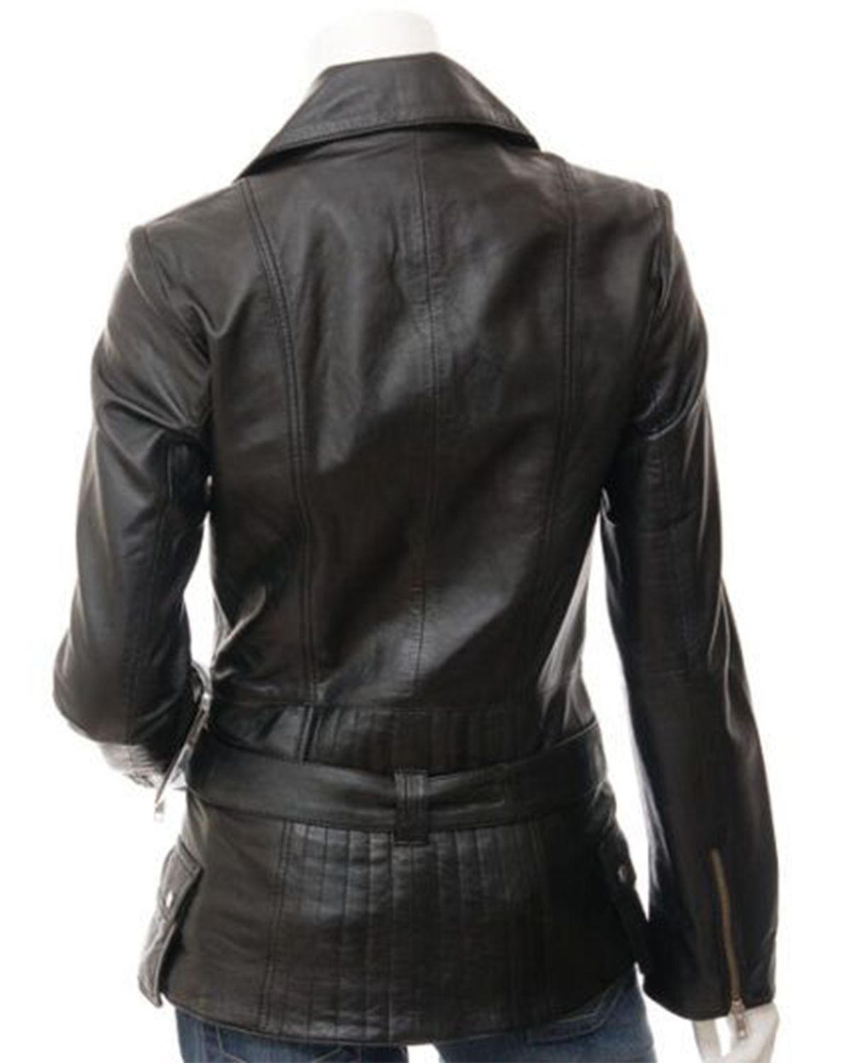 Womens Long Black Biker Real Sheepskin Leather Jacket