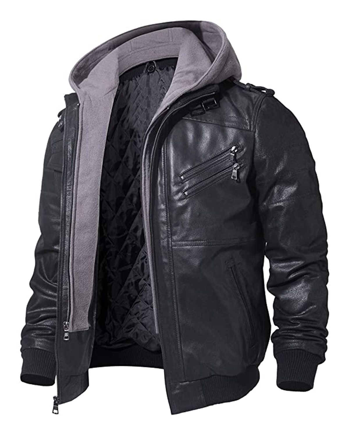 Mens Detachable Hooded Biker Motorcycle Leather Jacket