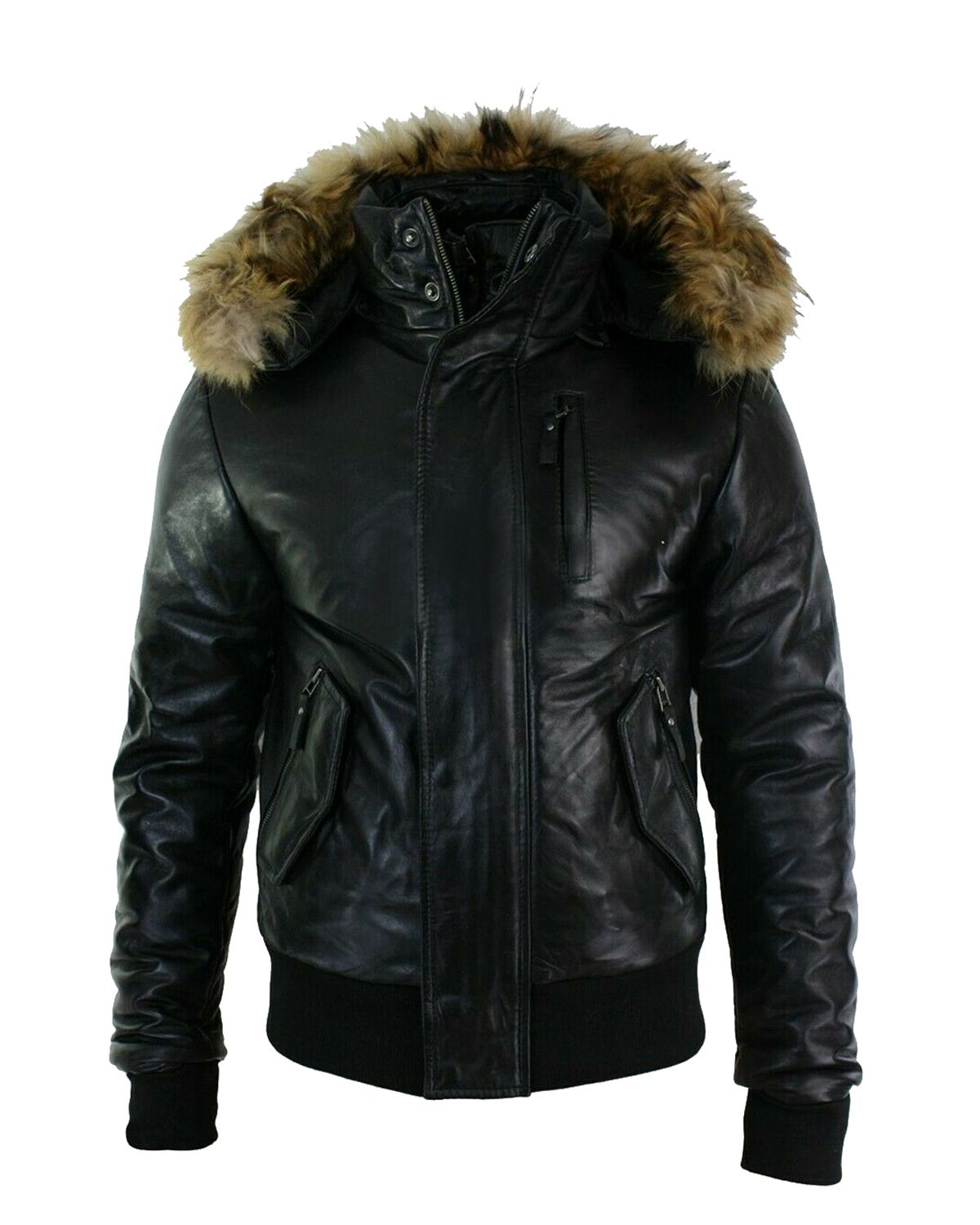 Mens Puffer Hooded Bomber Leather Jacket