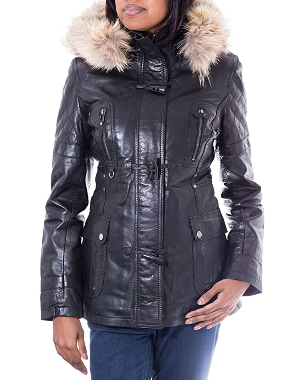 Womens Detachable Hooded Fur Collar Duffle Coat