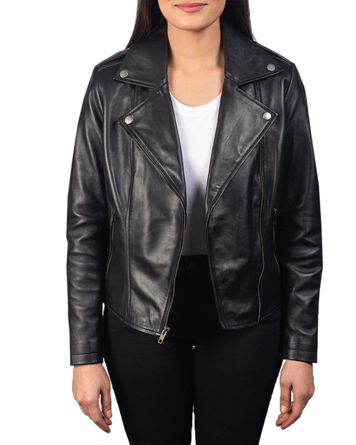 Womens Notch Collar Stylish Biker Leather Jacket
