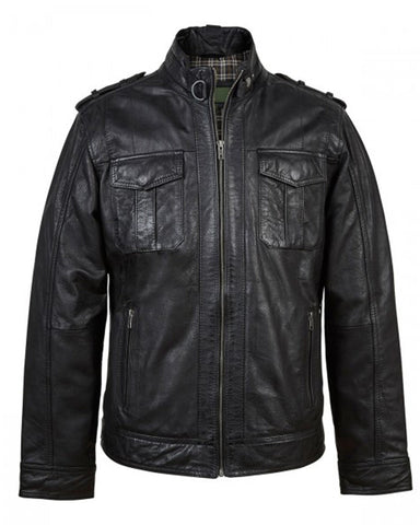 Mens tand up Collar Black Leather Jacket